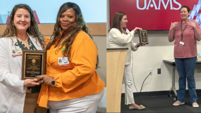 Gloria Johnson, second from left, receives the 2025 Excellence in Customer Service Award. Carrie Hamblin, fourth from left, receives the Excellence in Performance Award.