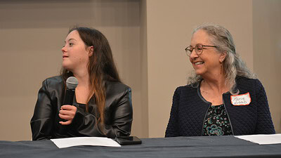 Mary Borman and Marie Wood participate in the family panel at the 2025 UAMS Northwest Neurodiversity Conference.