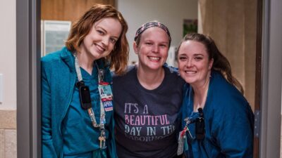 Abby Nichols (from left), CNM, doula Sondra Rodrocker, and Laurel O'Neal, CNM, are shown during a break in their clinical work. UAMS’ new Nurse-Midwifery Program will help students reach the workforce as certified nurse-midwives (CNMs) after two and a half years of graduate training.
