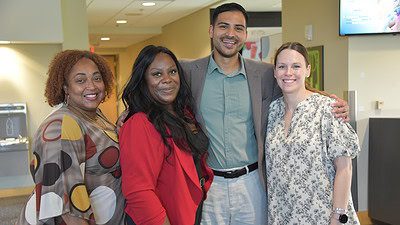 Cristian Villatoro, a student in the College of Nursing’s Doctor of Nursing Practice Nurse Anesthesia program, is shown with Marla Harris (from left), Ava Coleman and Amanda Spinks of the college’s student services office. Villatoro said he’s grateful not only for financial assistance but also for the emotional support he’s received from the staff, faculty and fellow students in the College of Nursing.