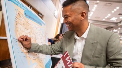 UAMS College of Medicine Class of 2026 Class President Jared Cononigo marks Stanford, California, on the map after he matched in pediatrics at Stanford Health Care.