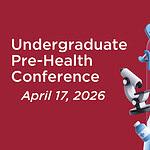 Young woman in lab coat, surrounded by health care icons with Undergraduate Pre-Health Conference April 17