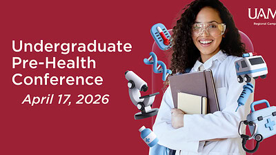 Young woman in lab coat, surrounded by health care icons with Undergraduate Pre-Health Conference April 17