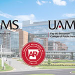 logos of College of Medicine, Fay W. Boozman College of Public Health and Arkansas Department of Health on background picture of UAMS hospital