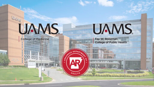 logos of College of Medicine, Fay W. Boozman College of Public Health and Arkansas Department of Health on background picture of UAMS hospital