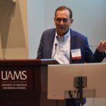 Milind Javle, M.D., an expert in cholangiocarcinoma from the MD Anderson Cancer Center in Houston, responds to a question from the audience at the 26th C.W. Rasco Symposium on GI Malignancies, held March 13 at the UAMS Winthrop P. Rockefeller Cancer Institute.