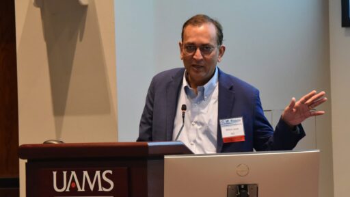 Milind Javle, M.D., an expert in cholangiocarcinoma from the MD Anderson Cancer Center in Houston, responds to a question from the audience at the 26th C.W. Rasco Symposium on GI Malignancies, held March 13 at the UAMS Winthrop P. Rockefeller Cancer Institute.