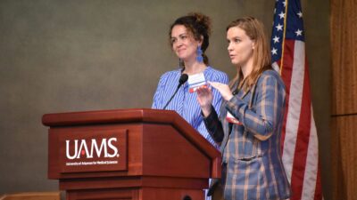 Leah Tobey-Moore, assistant professor in the UAMS College of Medicine’s Department of Psychiatry, and Meghan Breckling, assistant professor in the College of Pharmacy’s Department of Pharmacy Practice, presented several simulated case studies showing treatment options for older patients with health conditions such as osteoarthritis or diabetic neuropathy.