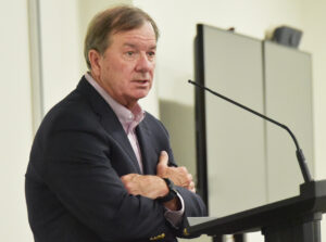 Chancellor Barnes speaks to the town hall