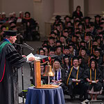 UAMS Chancellor C. Lowry Barnes addresses the audience during the College of Nursing’s commencement ceremony.