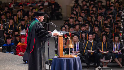 UAMS Chancellor C. Lowry Barnes addresses the audience during the College of Nursing’s commencement ceremony.
