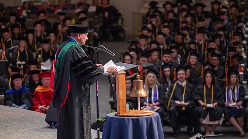 UAMS Chancellor C. Lowry Barnes addresses the audience during the College of Nursing’s commencement ceremony.