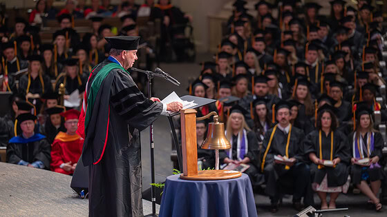 UAMS Chancellor C. Lowry Barnes addresses the audience during the College of Nursing’s commencement ceremony.