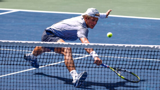 A player lunges for the ball during a previous UAMS Health Little Rock Open tennis tournament.