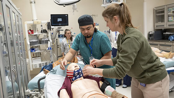 Emergency medicine residents work on a mannikin in a simulation. The mannikin is in a hospital bed in a simulated emergency.