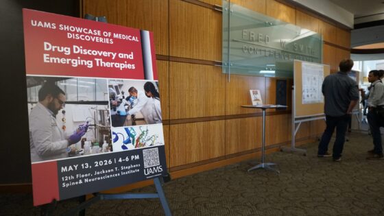 Photo of a sign announcing the Showcase of Medical Discoveries spotlighted drug discovery and emerging therapies at UAMS.