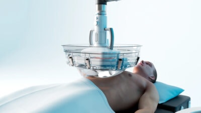 stock image of patient with histotripsy machine hovering over his chest before a procedure
