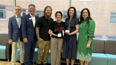 Sara Peeples, M.D., (second from right) was presented with the Willow Award: Excellence in End-of-Life Care. She was recognized by (from left) Howard Hurst, Jeff Smith, Mason and Samantha Pennington, and Jodie McGinley.