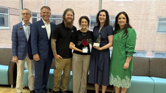 Sara Peeples, M.D., (second from right) was presented with the Willow Award: Excellence in End-of-Life Care. She was recognized by (from left) Howard Hurst, Jeff Smith, Mason and Samantha Pennington, and Jodie McGinley.
