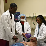 Students from the HCOP Academy work to resuscitate a manikin during an exercise at the UAMS Simulation Center.