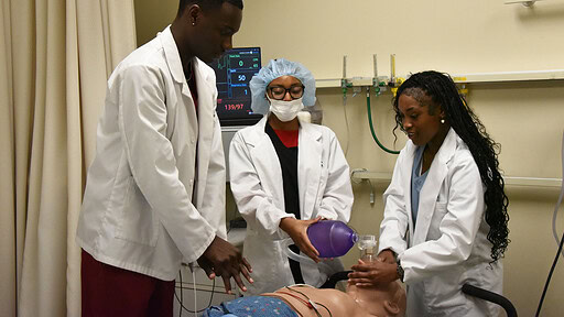 Students from the HCOP Academy work to resuscitate a manikin during an exercise at the UAMS Simulation Center.