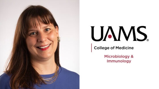 Tiffany Weinkopff, Ph.D., with UAMS logo