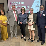 The first day of the Bridges to Breakthroughs summit included presentations by (left to right) Alison Orford, Renée Watson, Michael Mancino, Laura Dunn, Sharon Levy, and Srinivasa Gokarakonda.