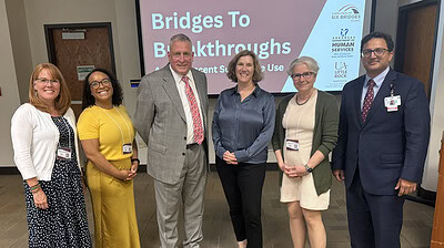 The first day of the Bridges to Breakthroughs summit included presentations by (left to right) Alison Orford, Renée Watson, Michael Mancino, Laura Dunn, Sharon Levy, and Srinivasa Gokarakonda.