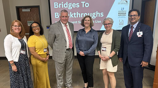 The first day of the Bridges to Breakthroughs summit included presentations by (left to right) Alison Orford, Renée Watson, Michael Mancino, Laura Dunn, Sharon Levy, and Srinivasa Gokarakonda.
