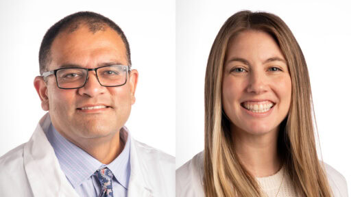 side by side white coat portraits of Meer Akbar Ali, M.D., and Lexie Vaughn, M.D.