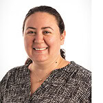 portrait of Melda Onal, Ph.D., beside UAMS logo