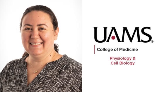 portrait of Melda Onal, Ph.D., beside UAMS logo
