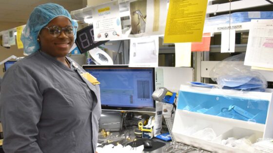 Sterile processing intern Kyndall Owens assembles sets of instruments for use in surgical procedures at UAMS.