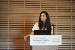 Nirvana Manning, M.D., director of the Arkansas Center for Women and Infants' Health at UAMS, updates attendees on the state of maternal health in Arkansas since the roundtable last convened.