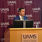 Marcelo Bigarella, M.D., urologic oncologist and assistant professor in the UAMS College of Medicine’s Department of Urology, speaks at the Geriatrics Updates conference in the UAMS Donald W. Reynolds Institute on Aging.
