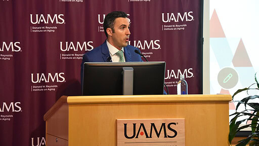 Marcelo Bigarella, M.D., urologic oncologist and assistant professor in the UAMS College of Medicine’s Department of Urology, speaks at the Geriatrics Updates conference in the UAMS Donald W. Reynolds Institute on Aging.
