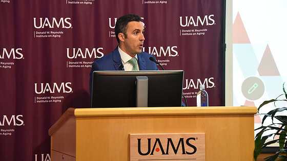Marcelo Bigarella, M.D., urologic oncologist and assistant professor in the UAMS College of Medicine’s Department of Urology, speaks at the Geriatrics Updates conference in the UAMS Donald W. Reynolds Institute on Aging.