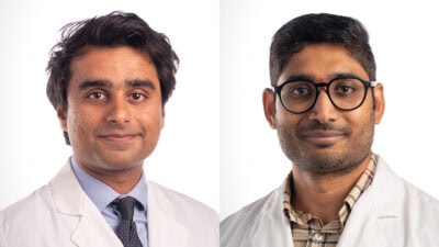 side by side white coat portraits of Mohammad Fahad Salam, M.D., left, and Lalith Vardhan Namburu, M.D.,
