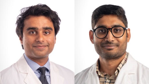 side by side white coat portraits of Mohammad Fahad Salam, M.D., left, and Lalith Vardhan Namburu, M.D.,